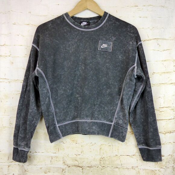 Nike Sweatshirt Women S Black Acid Wash Rebel Crew Relaxed Boxy Logo Patch Sport - Picture 1 of 13